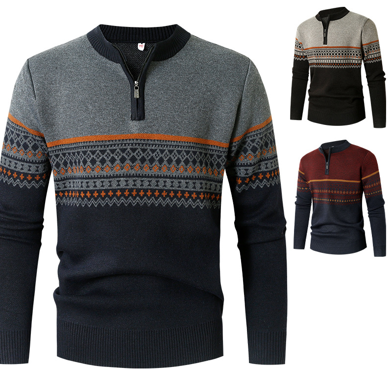 2023 New Autumn And Winter Round Neck Sweater Men's Long-sleeved Half-zip Sweater Striped Sweater Men's Top_voghion.com