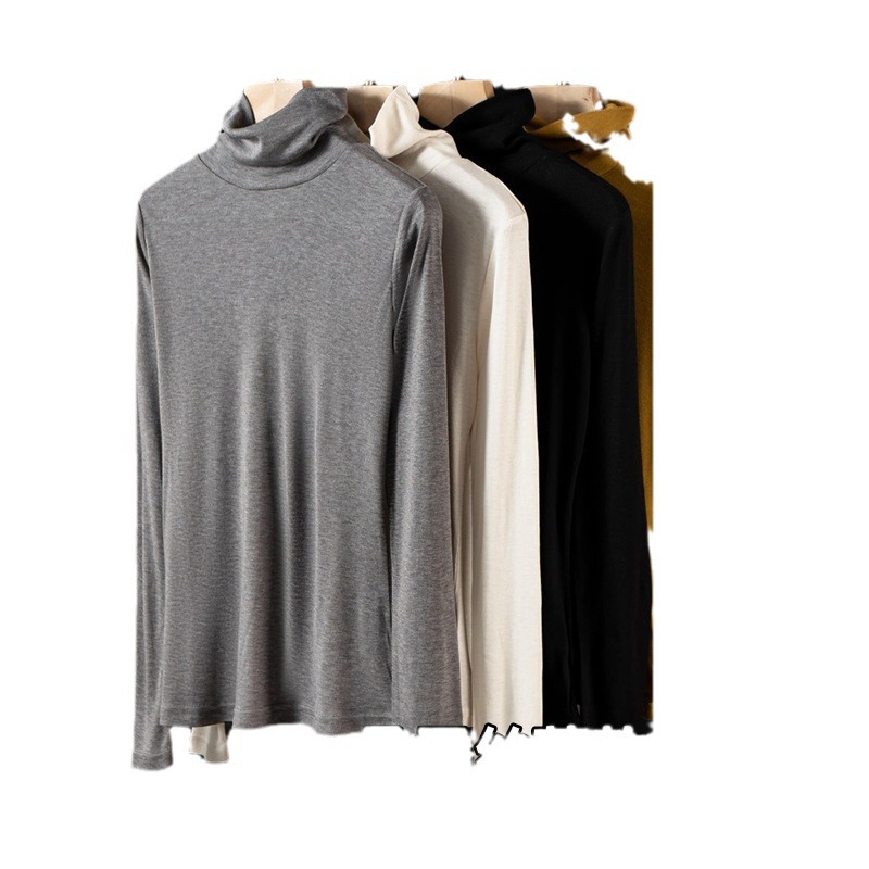 Yuyue ソリッドカラーシルクタートルネックボトムシャツ、暖かくスリムフィットのトップス、女性用の快適な薄手のシルクインナーニットセーター