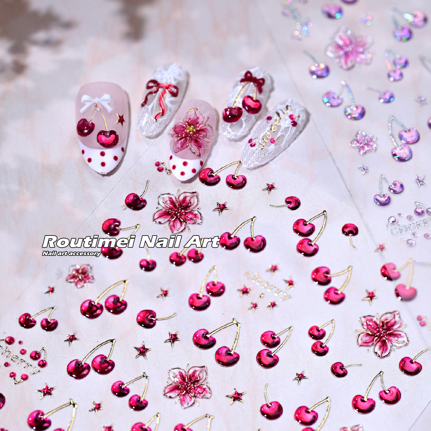 Summer Cherry Dream Fresh Little Flower New Laser Pink 3D Nail Art Stickers Fingertip Fruit DIY Decoration Stickers