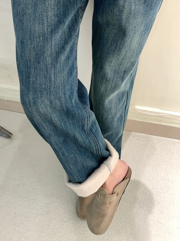 加绒加厚窄版直筒牛仔裤女冬款大码胖高腰遮胯梨形身材阔腿裤子|undefined
