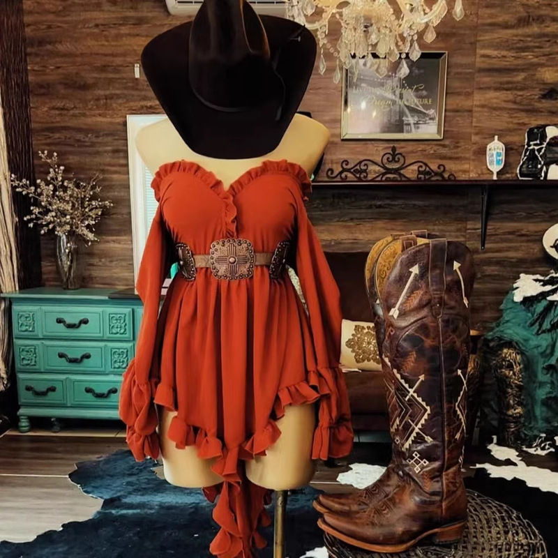 European and American Cross-Border 2025 Independent Station Best-Selling Women's Ruffled Floral Tassel Retro Western Style Solid Color Dress European and American Cross-Border 2025 Independent Station Best-Selling Women's Ruffled Floral Tassel Retro Western Style Solid Color Dress