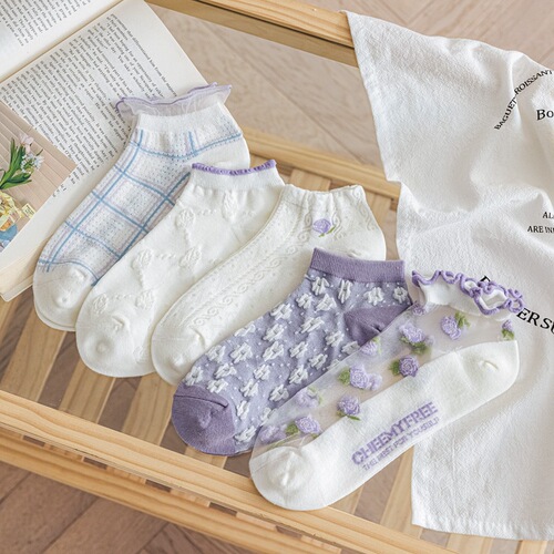 ins trendy Japanese spring and summer new style light purple lace transparent glass stockings fungus edge floral shallow socks