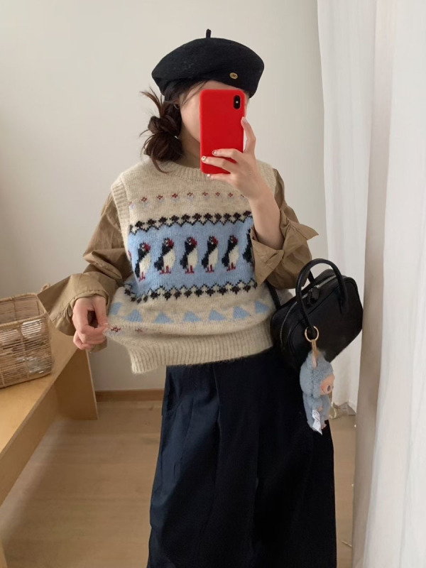 木四 可爱企鹅针织马甲背心女秋冬新款韩版含羊毛叠穿坎肩M6532|undefined
