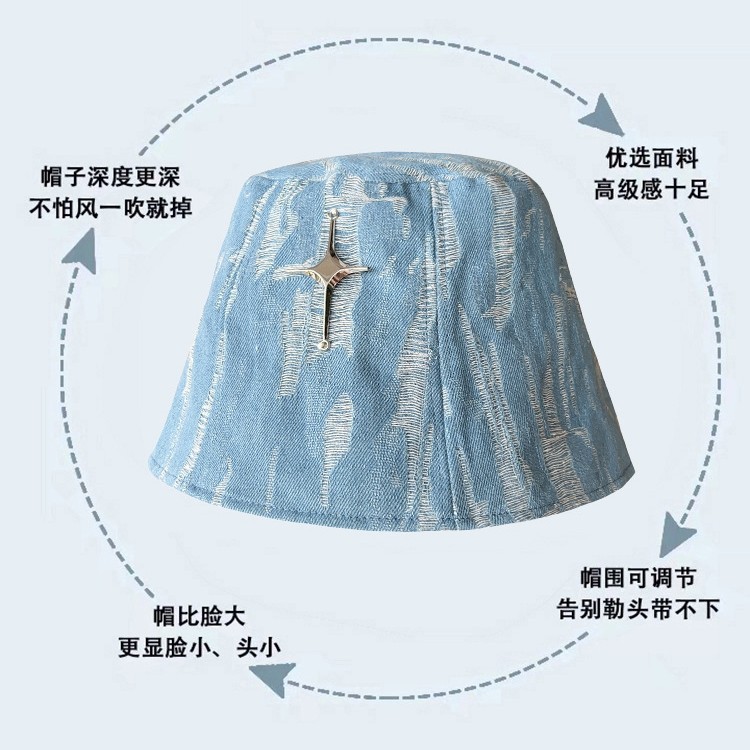 韩版磨毛做旧十字星水洗牛仔渔夫帽大帽檐时尚高级感显脸小盆帽女|undefined