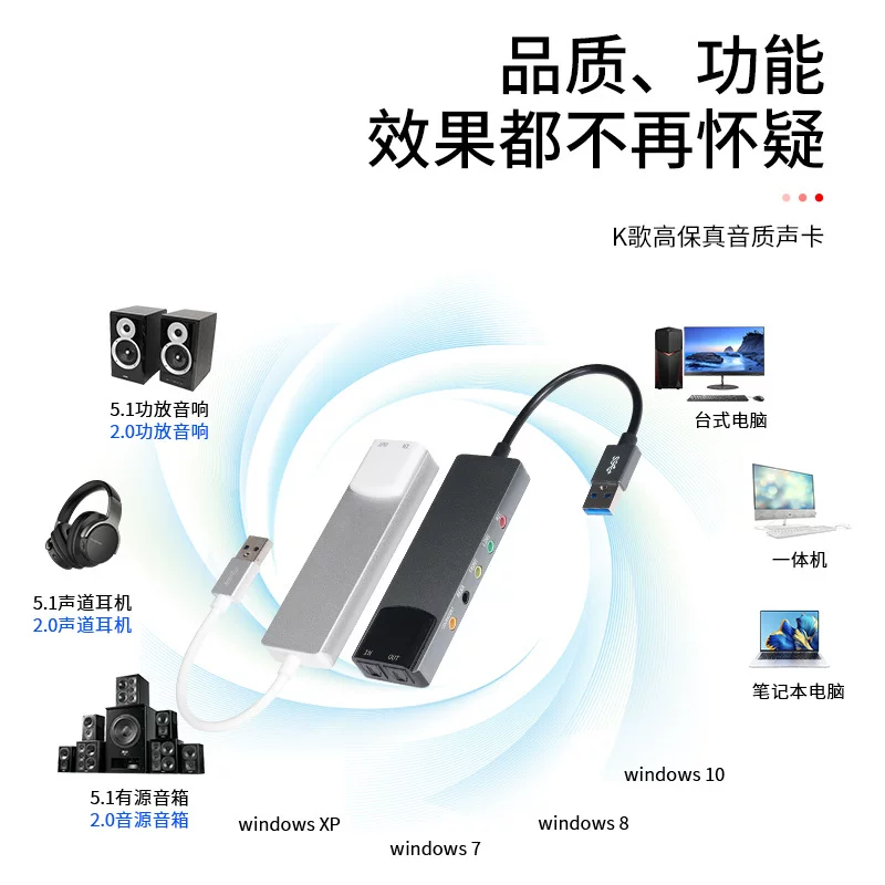 Внешняя USB звуковая карта, волоконно-оптическая (TOSLINK), 5.1 канал, plug‑and‑play, черная или серебристая
