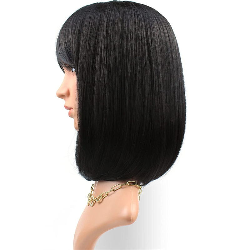 Peruca sintética feminina bobo cabeça preto cabelo curto ar reto bang fofo fibra química bandana_voghion.com