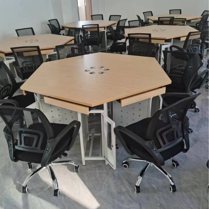 Customized Student Hexagonal Table Science Maker Classroom Splicing Table School Computer Room Hexagonal Steel Frame Computer Table