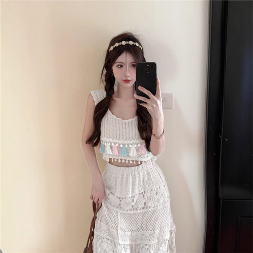 2025 New Heavy Industry Slimming A-line Large Swing Elastic Waist Hiding Fat Cashmere Crochet Hollow-out Long Dress Set for Women