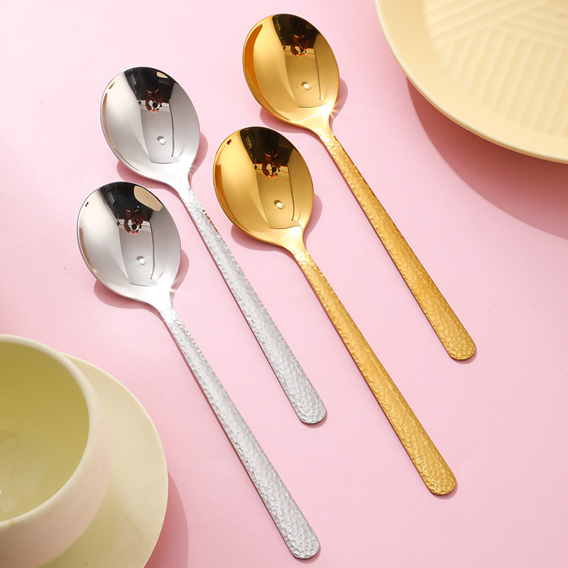 Stainless Steel Soup Dessert Spoon, Hammered Pattern, High Aesthetic Value Tableware, Long-handled Rice For Home Use,_voghion.com