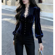 钩花深V领设计感小众丝绒衬衫女蓝色秋冬季新款长袖打底衫上衣女