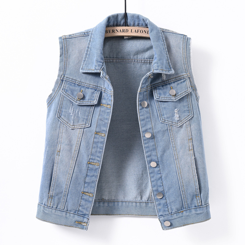 Plus Size Denim Vest for Women, Short Style, Spring and Summer, Slim Fit, Frayed Edge, Sleeveless, Ripped Trendy Vest Top, Cross-Border