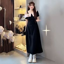 大码法式气质连衣裙夏季短袖胖mm显瘦收腰遮肚翻领露肩高级感裙子