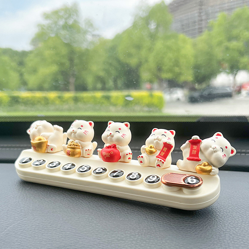 Cute and Chubby Lucky Cat Temporary Parking Number Plate, Safe and Prosperous Car Moving Phone Plate, Aromatherapy Car Interior Decoration