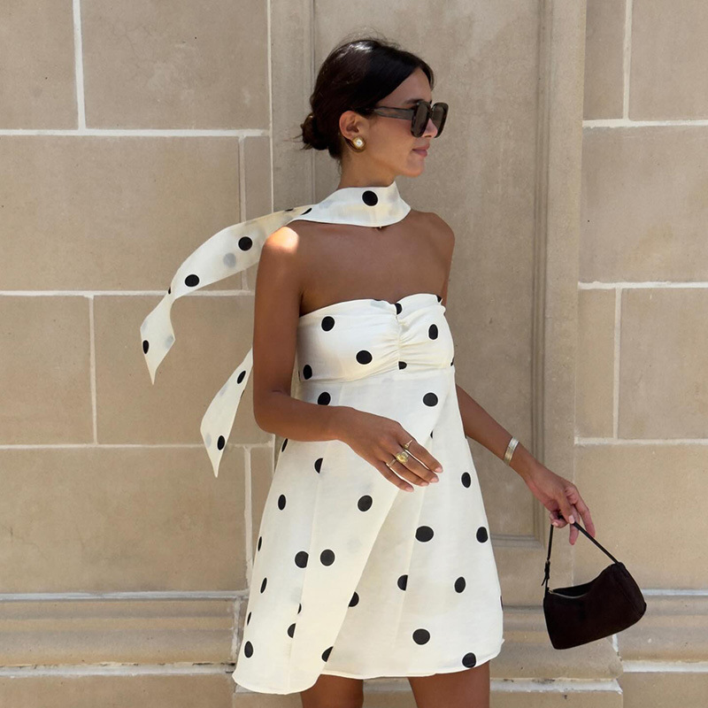 European and American Cross-Border New Style Elegant Tube Top Dress Loose Fashion Versatile Polka Dot Printed Short Skirt with Scarf European and American Cross-Border New Style Elegant Tube Top Dress Loose Fashion Versatile Polka Dot Printed Short Skirt with Scarf