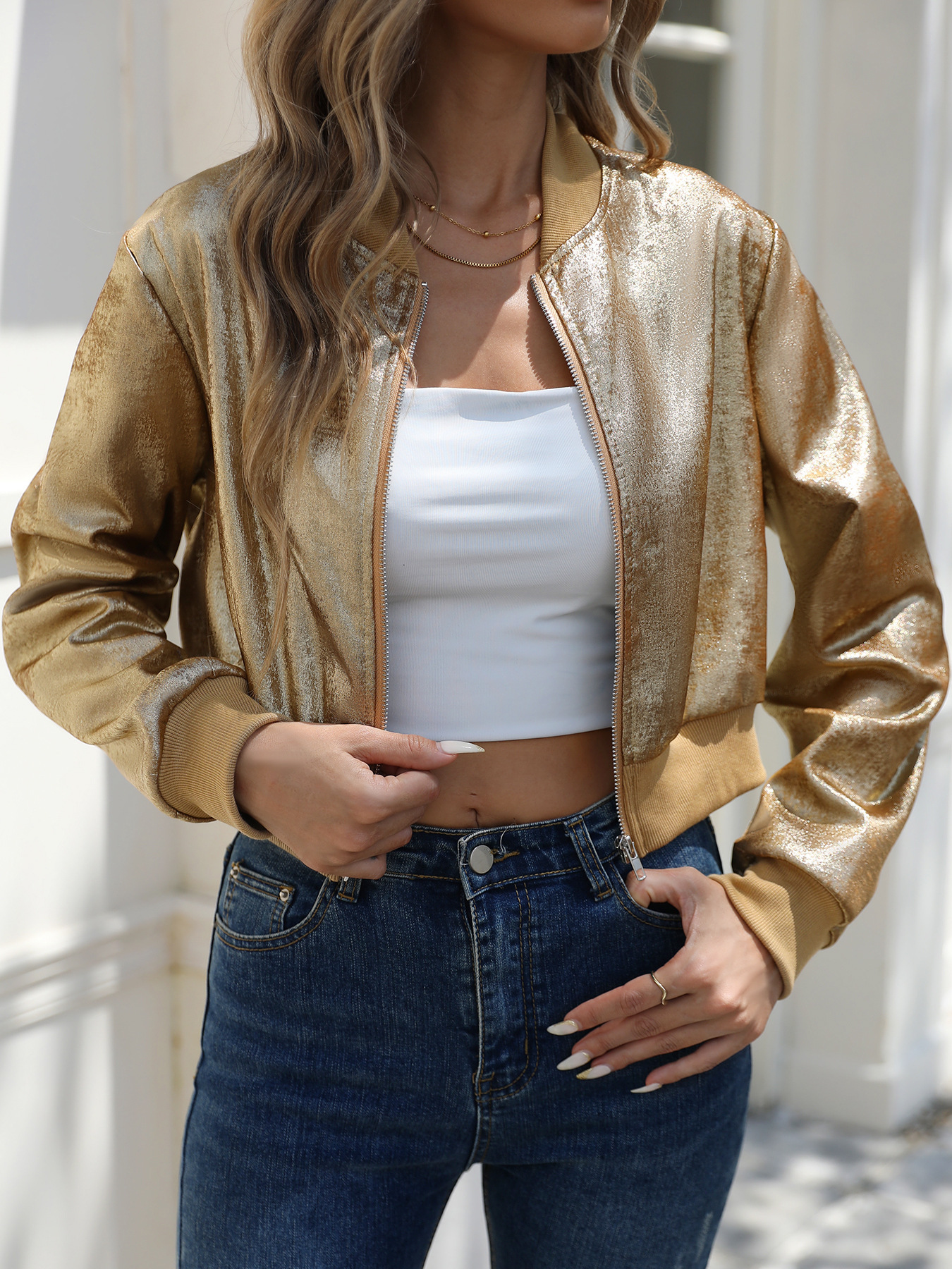 European And American Style Women Spring And Autumn Long Sleeve Zipper Gold Foil Casual Jacket