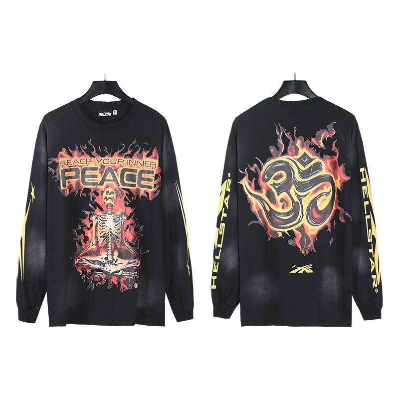 Hellstar アメリカのトレンディなハイストリートレトロウォッシュ加工プリントストリートロックスウェットシャツ長袖 Tシャツ男性と女性のトップス|undefined