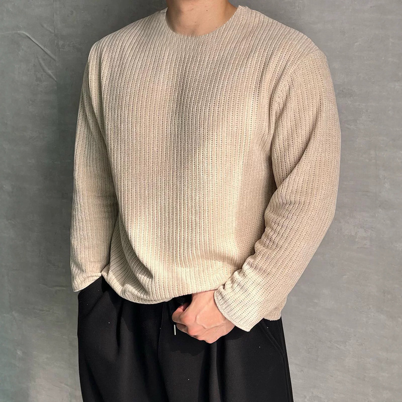 American-style chenille open-knit sweater, men's fringed collar, loose long-sleeve T-shirt, ribbed mesh see-through cover-up, trendy American-style chenille open-knit sweater, men's fringed collar, loose long-sleeve T-shirt, ribbed mesh see-through cover-up, trendy
