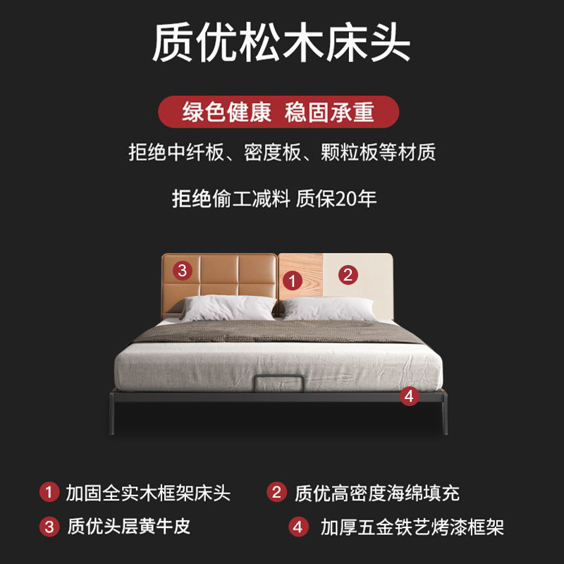 Cama de cuero Yihai Xuan, cama de cuero genuino, cama grande doble para dormitorio principal, cama de matrimonio de cuero genuino de 1.8 m, cama tapizada, estilo minimalista italiano.