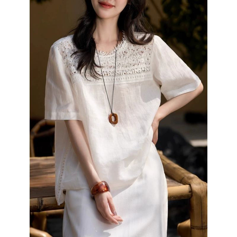 『Dream of Life』Тяжелое кружево + 100% лен + свободный женский топ с короткими рукавами и круглым вырезом, новинка лета 25.