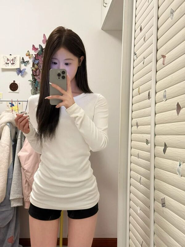 韩系中长款白色正肩长袖T恤女春秋冬新款内搭打底衫修身上衣批发|undefined