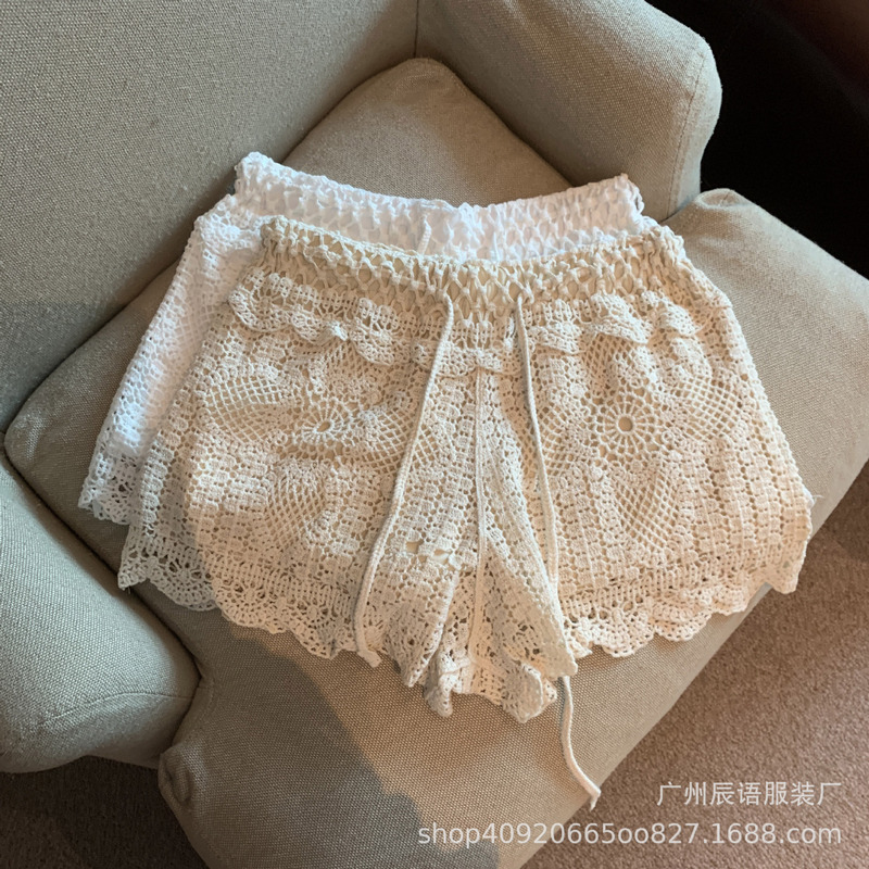 Lace Hollow-Out Sports Shorts for Women, Summer Thin Style, Petite High-Waisted Anti-Exposure A-Line Wide-Leg Shorts