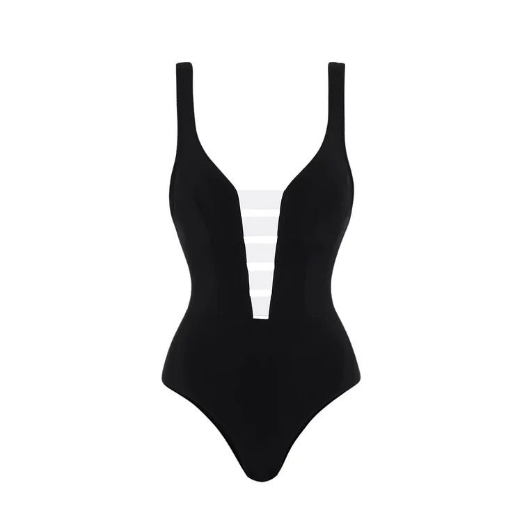 GraceChic GraceChic 2025 European American Swimwear New V-neck Black And White Patchwork Simple High-end One-piece Swimsuit Set For Women_voghion.com