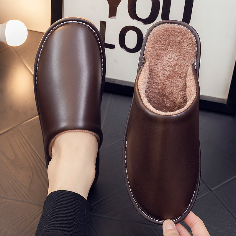Winter home fleece-lined warm couple leather slippers non-slip waterproof home indoor men's and women's cotton slippers winter