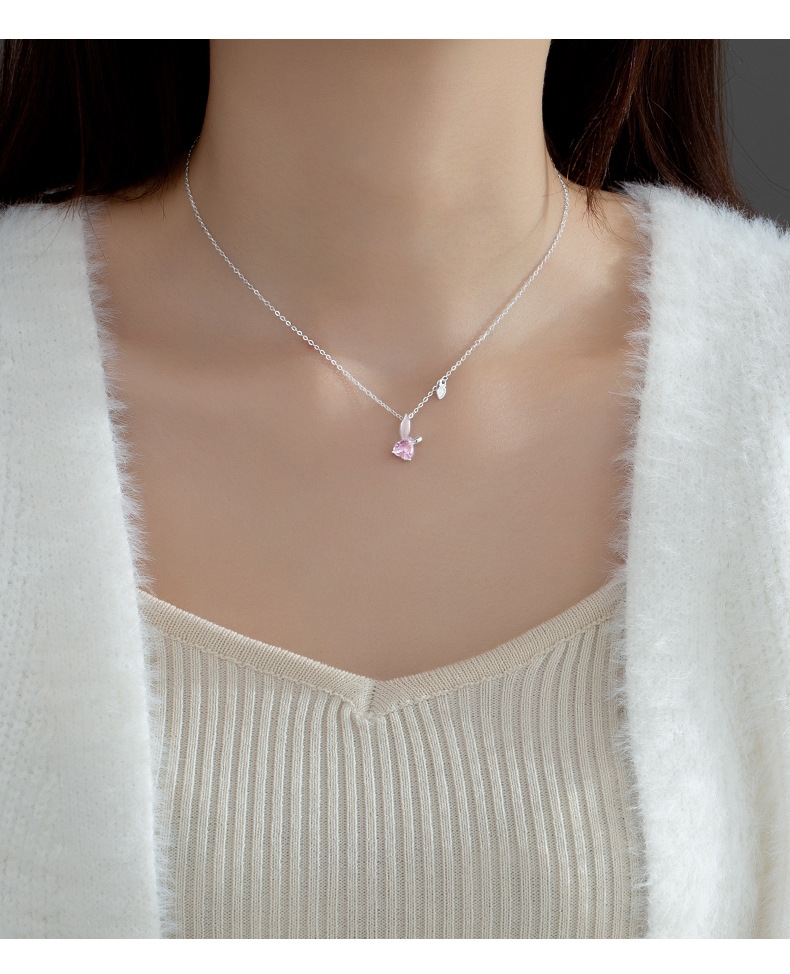 Rabbit, Heart Shape Pattern Women'S Gender 925 Sterling Silver Crystal Cable Chain Inlay Rabbit Heart Shape Necklace