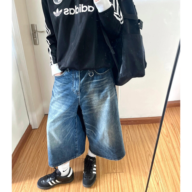 American Retro Washed Whiskered Wide-Leg Denim Shorts for Women 2025 New Summer Loose Mid-Length Cropped Pants