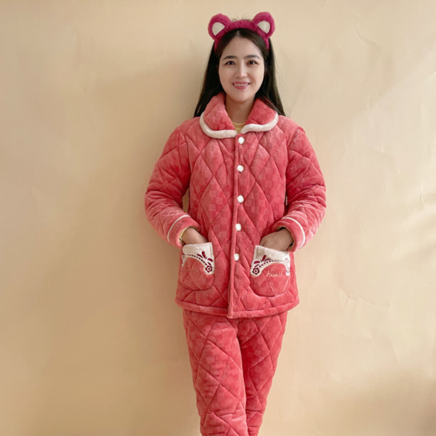パジャマ女性冬のサンゴのベルベットの三層の厚いベルベット保温綿フランネル春秋冬の家庭服