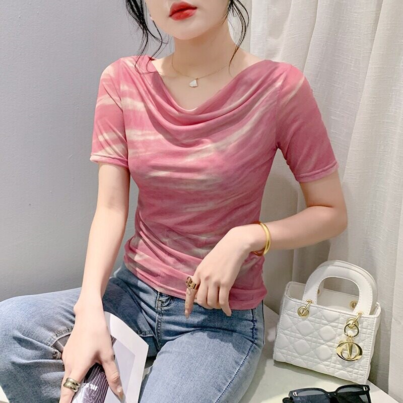 2025 Summer New Fashion European Style Printed Mesh Top Stylish Slim Fit Sexy Cowl Neck Short Sleeve T-Shirt Blouse 2025 Summer New Fashion European Style Printed Mesh Top Stylish Slim Fit Sexy Cowl Neck Short Sleeve T-Shirt Blouse