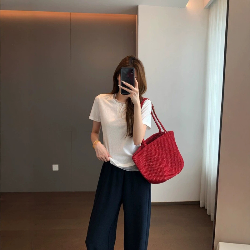 Xichen Mesh Patchwork Slim Fit T-Shirt with Scoop Neck and Short Sleeves, Drop Shoulder Design, Summer 2026 Women's