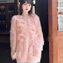 秋冬季宽松重工钉珠花朵针织连衣裙甜美大码加厚仿水貂绒毛衣女