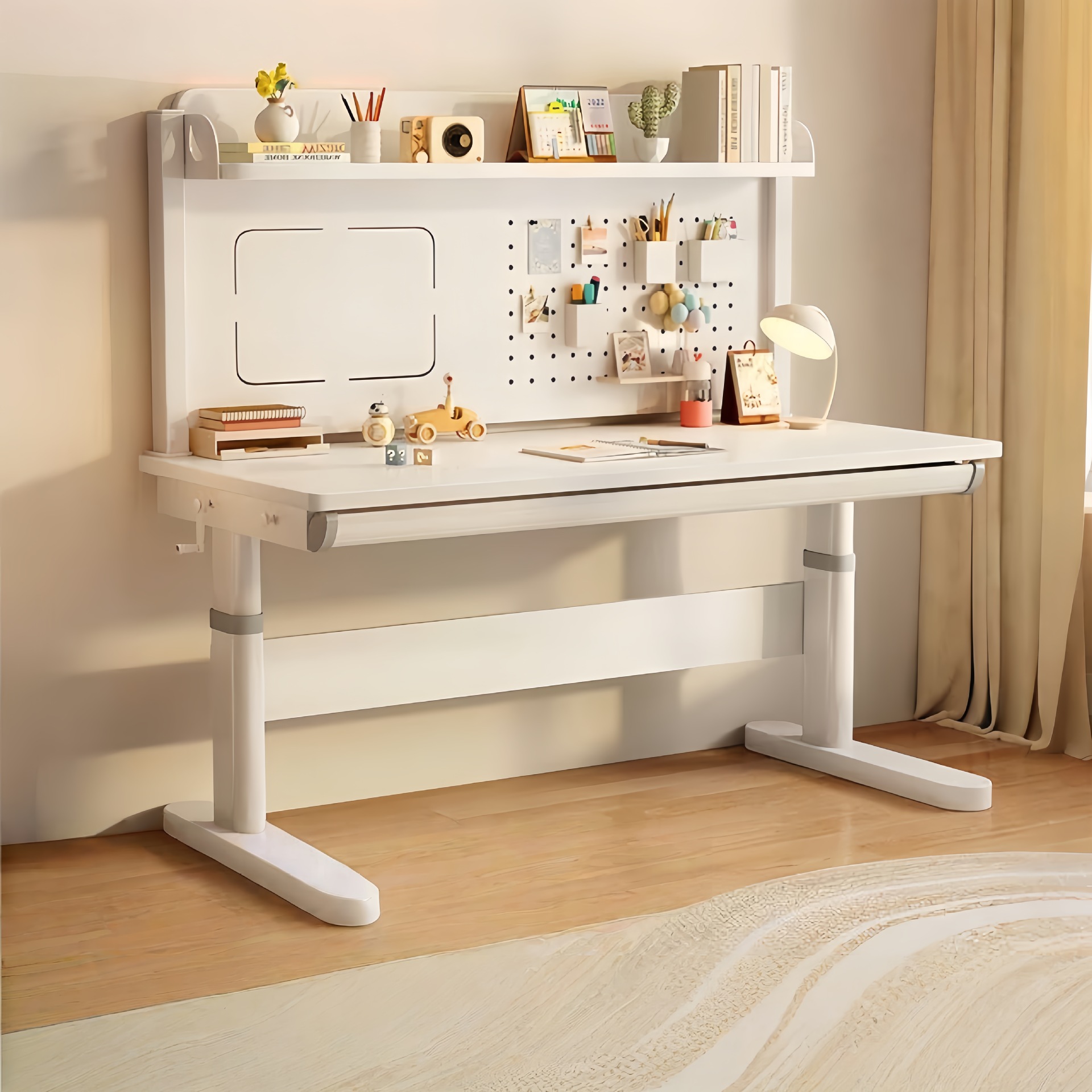 Solid Wood Children's Study Table, Home-Use Large White Desk, Study Table and Chair Set, Manual Height Adjustment, Pegboard, Solid Wood Desk