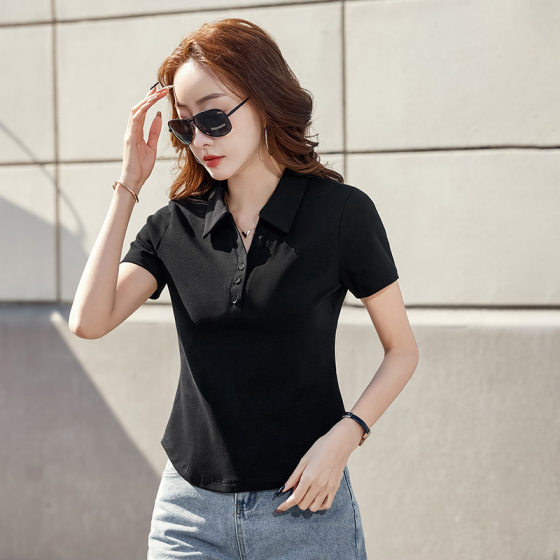 Short Lapel Polo Shirt, Right Shoulder Short-Sleeved T-Shirt for Women, Summer New Style, High-End Slim Fit Top for Small People, Wholesale