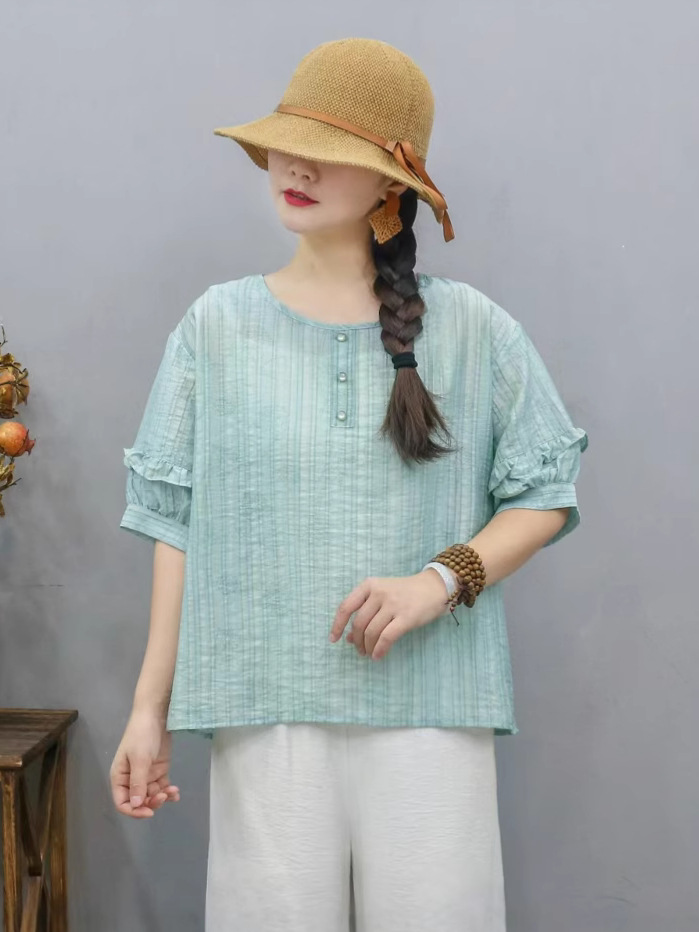 Transfronterizo 2025 primavera y verano nuevo estilo chino de ropa de mujer camiseta estampada mangas de linterna camiseta de mujer collar redondo literatura y arte image 5