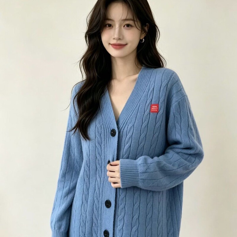 College retro-style V-neck cable knit cardigan for women, new autumn and winter collection, casual loose niche long-sleeve sweater coat College retro-style V-neck cable knit cardigan for women, new autumn and winter collection, casual loose niche long-sleeve sweater coat
