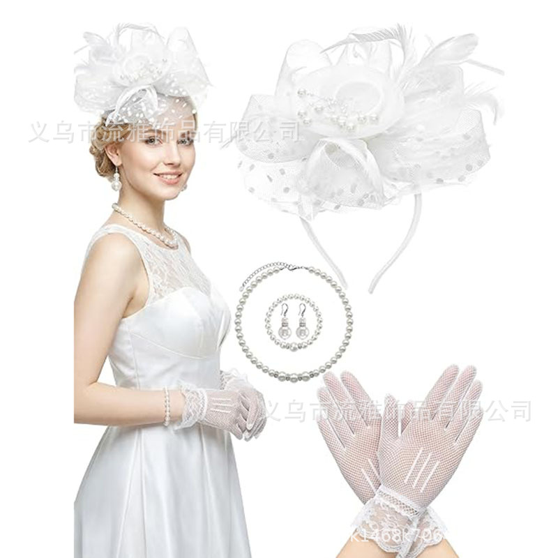 Amazon Mesh Feather Headpiece, Racing Hat, Gloves, Necklace Set, Vintage Mesh Headpiece, Hat Set