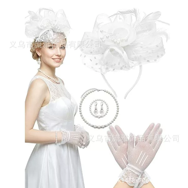 Amazon Mesh Feather Headpiece, Racing Hat, Gloves, Necklace Set, Vintage Mesh Headpiece, Hat Set