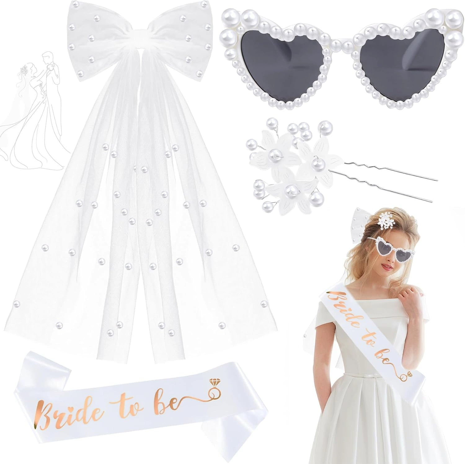 Набор свадебных аксессуаров: заколка для волос с жемчужным бантом, оправа для очков с сетчатой лентой, пояс для волос в европейско-американском стиле.