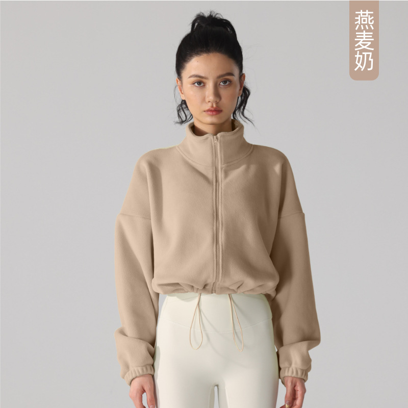 Chaqueta deportiva de cachemira europea y americana para mujer Otoño e Invierno forrada de lana engrosada cuello alto chaqueta de lana fitness casual polar top
