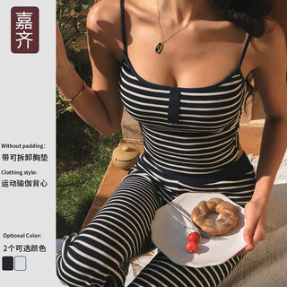 新跨境外贸欧美法式条纹套装瑜伽服背心运动内衣健身阔腿裤两件套