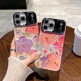 油画花朵粉紫花适用iPhone17Promax手机壳外贸16PM蓝光支架15水砖
