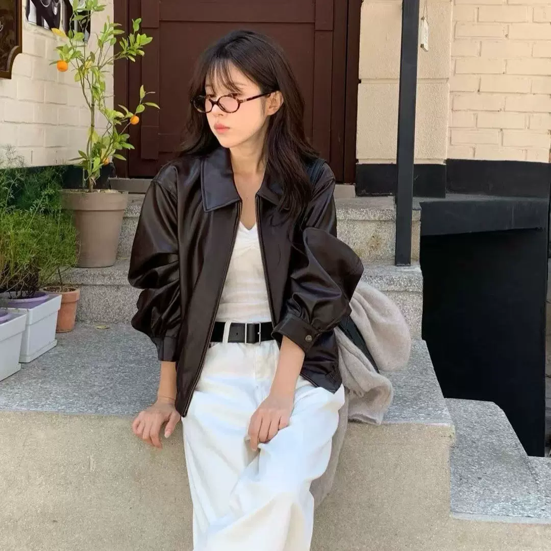 现货2025秋季新款韩国东大门V*rgamot宽松复古翻领拉链皮衣外套女