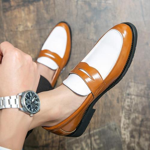 Cross-border large size  spring black and white plaid leather shoes for men, slip-on Loafers, Korean style fashionable business shoes