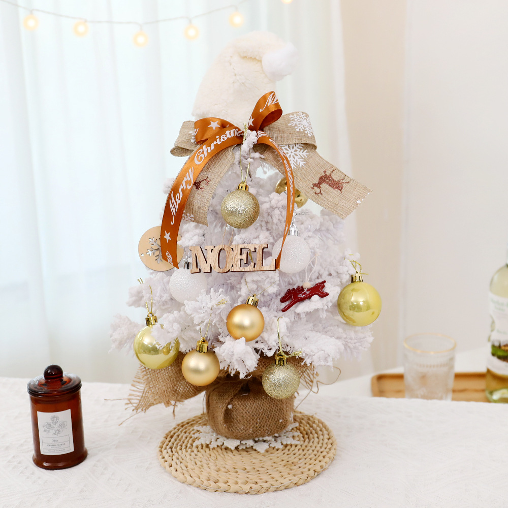 Mini Árbol de Navidad de Terciopelo Nuevo, Transfronterizo, Blanco, Decoración Navideña, Árbol con Luces LED Blancas, Adornos Navideños