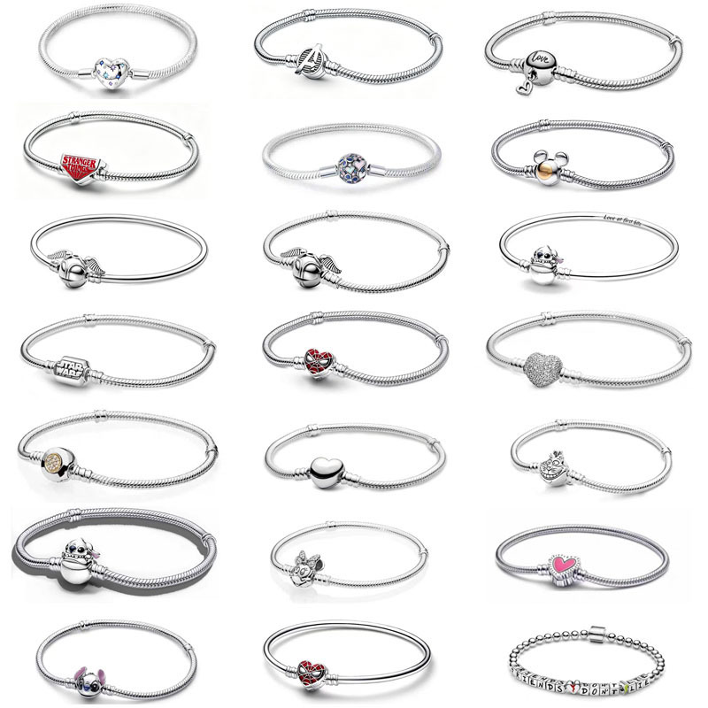 Panjia white copper silver-plated bracelet with round clasp, basic chain, cartoon bangle, snake bone chain, can be matched with DIY beads