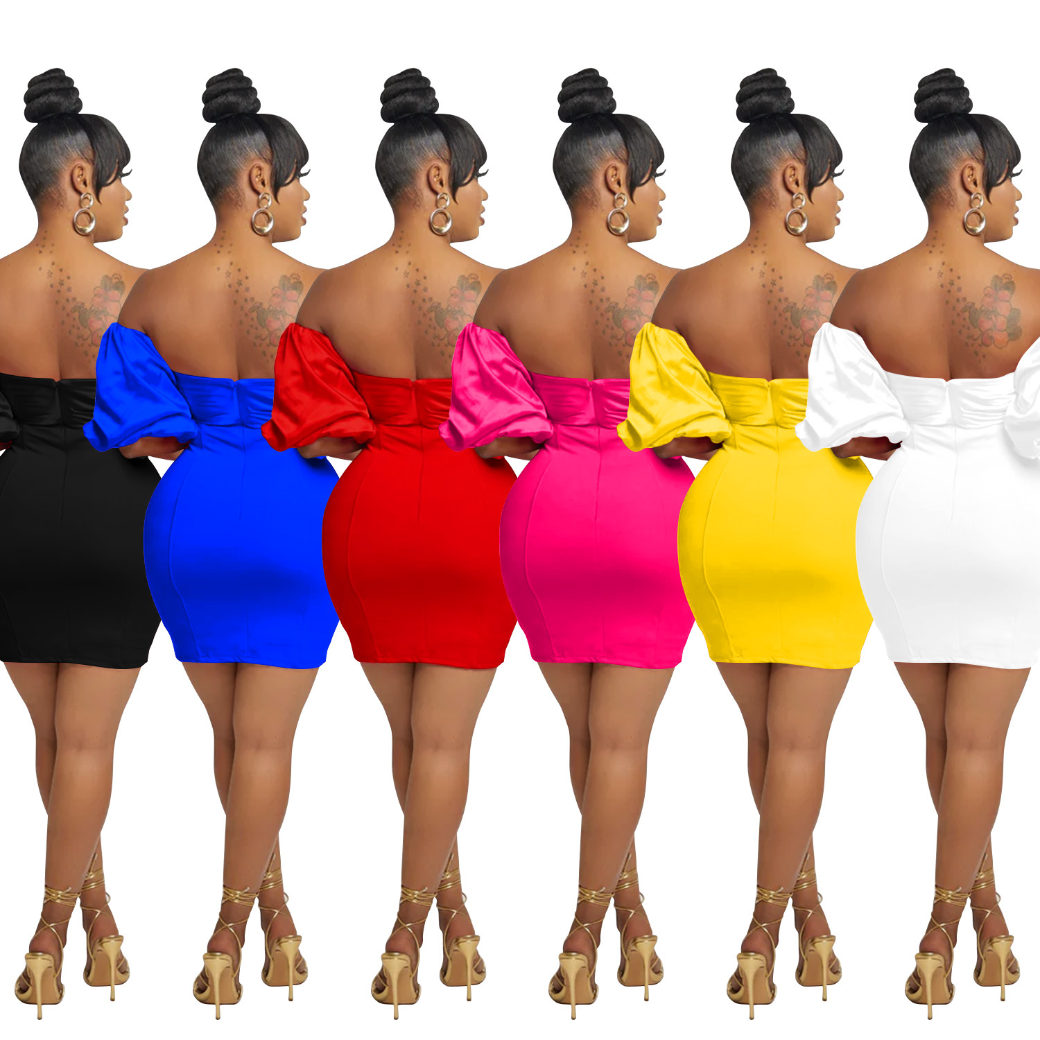 C6720 transfronterizo AliExpress Amazon moda europea y americana de las mujeres de color sólido manga corta plisada vestido de falda sin espalda image 6