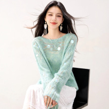 韩系氛围感穿搭镂空亮片针织衫女2025秋季新款宽松圆领长袖薄罩衫