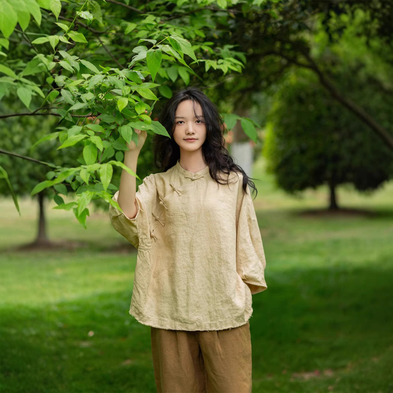 17 Pure Hemp Linen Pullovers Spring and Summer Retro Literary Loose Hand-Sewn Button-Up Tops 2270